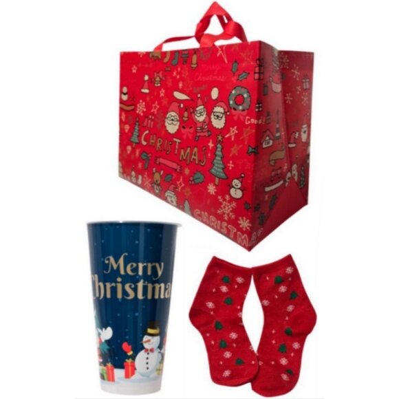 3 Pc. Christmas-Themed Large Gift Bag 1 Pair Socks Plastic Tumbler Gift Set NEW - Picture 1 of 16